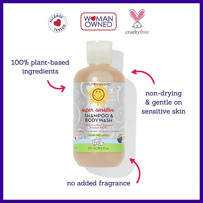 California Baby Super Sensitive Baby Shampoo + Baby Wash | 100% Plant-Based | Unscented Body Wash For Sensitive Skin | Hypoallergenic | 251mL / 8.5 oz