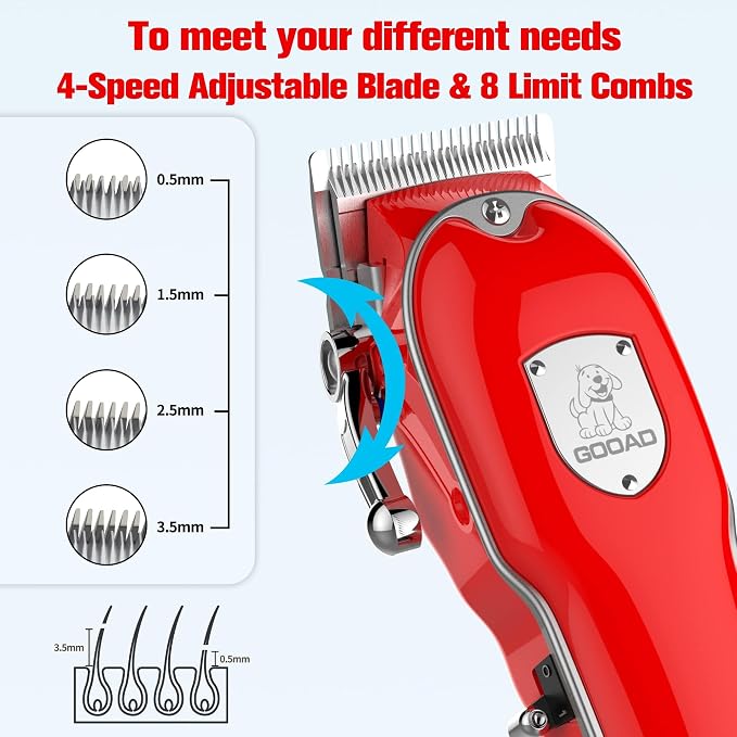 Dog Clippers for Grooming for Heavy Thick Hair&Coats,Low Noise Dog Hair Trimmer,Rechargeable Cordless Pet Shaver with Stainless Steel Blade, Dog Grooming Kit for Small Large Dogs Pets (Red)