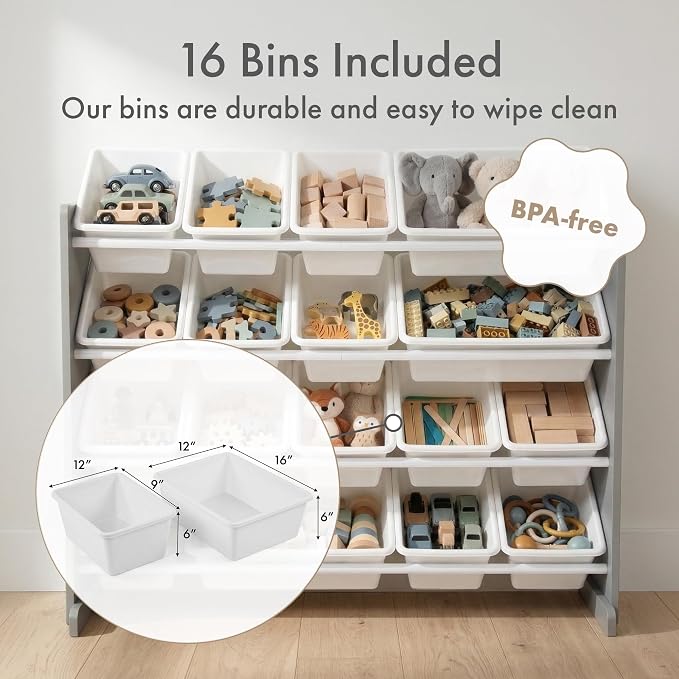 Humble Crew Toy Storage Organizer with 16 Removable Storage Bins for Kids Playroom, 4-Tier Toddler Toy Organization and Storage, Grey/White