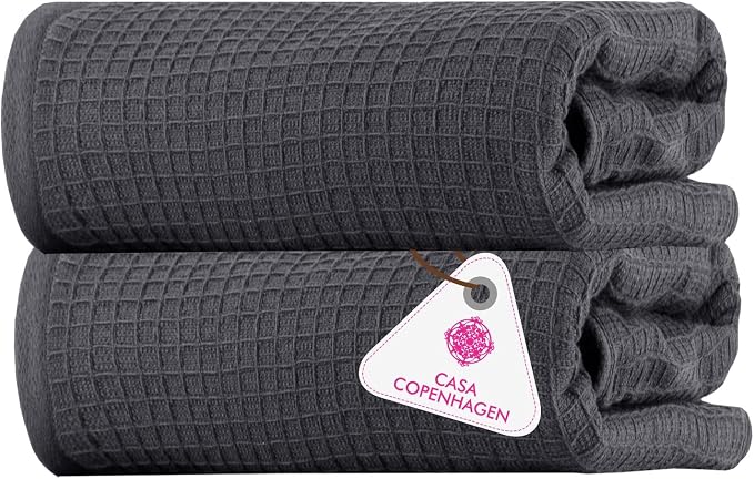 CASA COPENHAGEN Waffle 2Pcs 100% Egyptian Cotton Large Designer Bathsheet Towels Gift Set- Pine Grey, 35"x70" 2Bath Sheet Towels for Bathroom (Box Pack, Set for Women & Men)