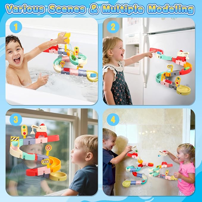 Fajiabao Bath Toys for Kids Ages 4-8 3-5 Fun DIY Bathtub Toys for Toddler | 38 PCS Modular Track with Magnetic Cars Easy-Assemble Slide for 3+ Year Old Boys Girls Gifts with Strong Suction Cups