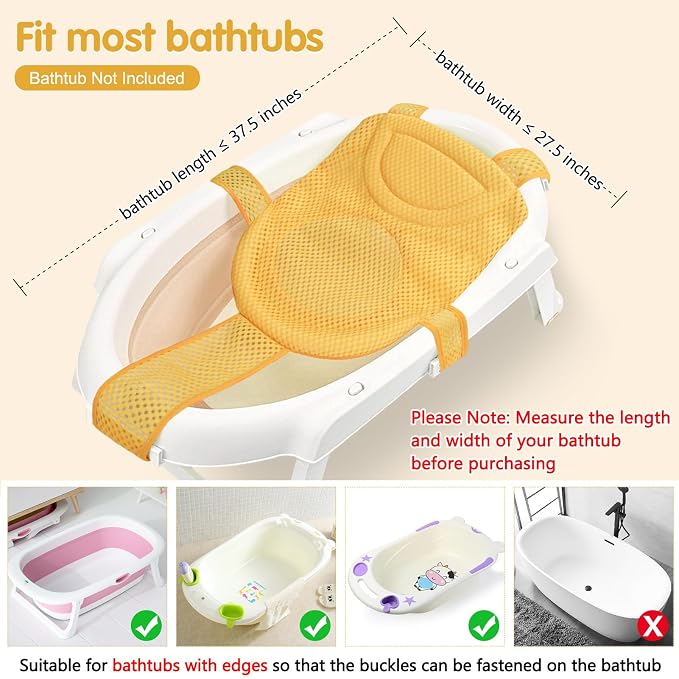 Colorlife Baby Bath Seat Support Net Infant Bathing Seat Support Mat, Adjustable Comfortable Non-Slip Five-Pointed Baby Shower Net Bathtub Sit Up Mesh for Newborn 0-12 Months-Yellow(No Bathtub)