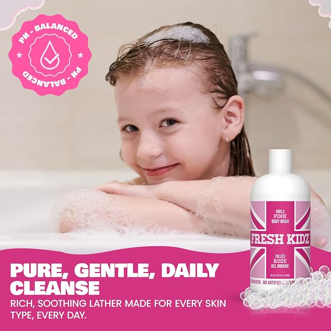 Fresh Kidz Body Wash for Kids and Teens - Gentle Bath and Shower Cleanser for All Skin Types - Girls Pink, 16.9 Fl.Oz.