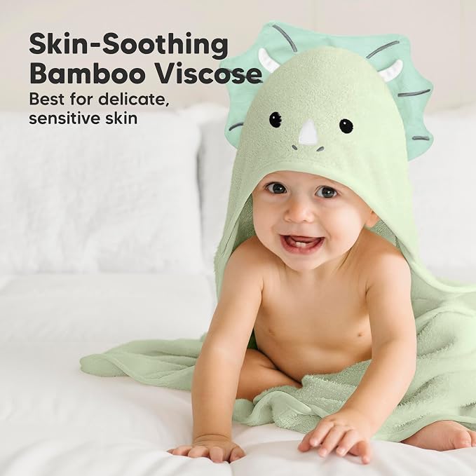 KeaBabies Hooded Baby Towel for Newborn Baby Bath Towels(Triceratops,30x30) | Viscose Derived from Bamboo, Large Baby Towels with Hood, Boys, Girls, Toddler, Soft Absorbent Baby Bath Essentials