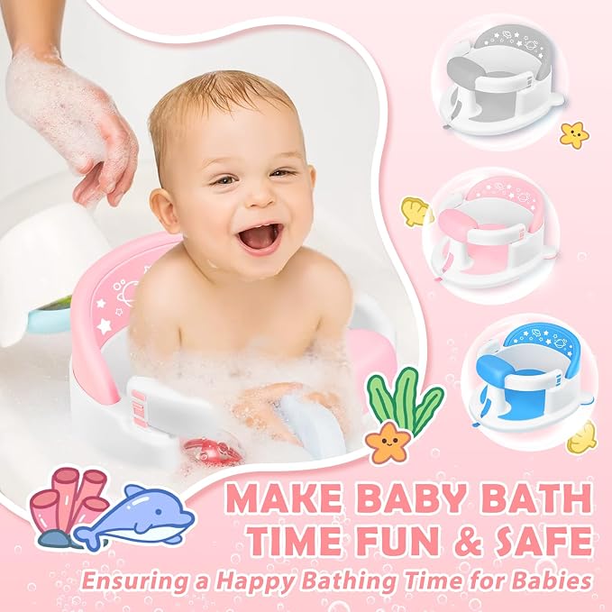 Baby Bath Seat 6M+, Non-Slip Cushion, CPSC Certified, 5-Pc Set, Pink | BPA-free PP+TPR, easy-release handle, ergonomic backrest, lightweight & portable, available in pink