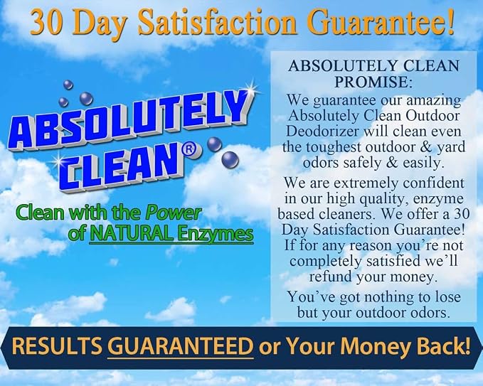 Absolutely Clean Amazing Outdoor Deodorizer odor eliminator Natural Enzyme Just Spray & Walk Away Grass, AstroTurf, Dog Runs, Patios, Decks, Fence & More Vet Approved - odor eliminator for strong odor