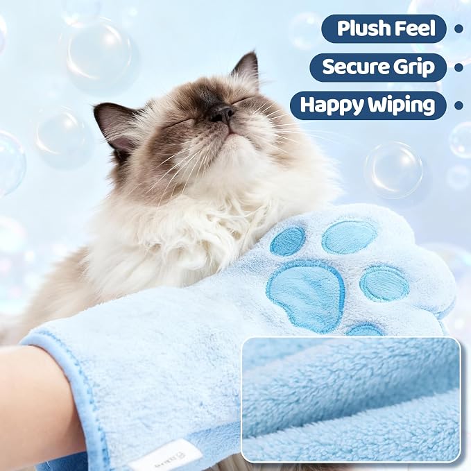 2PCS Concentrated Waterless Shampoo Essence with Pink Grooming Glove, No-Rinse & Lick-Safe Essence for Steam Brushes, Gentle Care for Cats/Kittens/Seniors, Manage Shedding & Freshness (1, Blue Glove)
