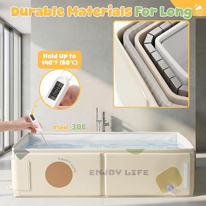 Orzbow Toddler Bathtub with Temperature Sticker, Collapsible Baby Bathtub with Side Drain Plug, Portable Bath Tub for Infant 6 Months+, Easy to Clean, Stable & Durable, Folds to Store, White