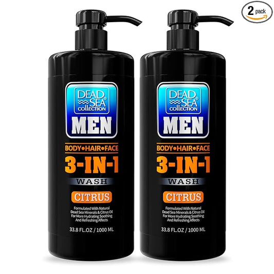 Dead Sea Collection Mens Body Wash 3 in 1 – Citrus Body Wash for Men – Shower Gel – Shampoo – Shower Soap for Face and Hair – Pack of 2 Bottles (33.8 Fl. Oz. Each)