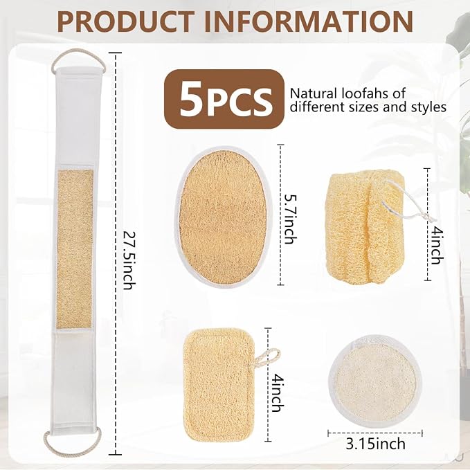 5 Pack Natural Loofah Exfoliating Body Back Scrubber Bath Shower Loofa Sponge Luffa Wash Scrub Tool Accessories for Women Men Face Body Dishes Clean