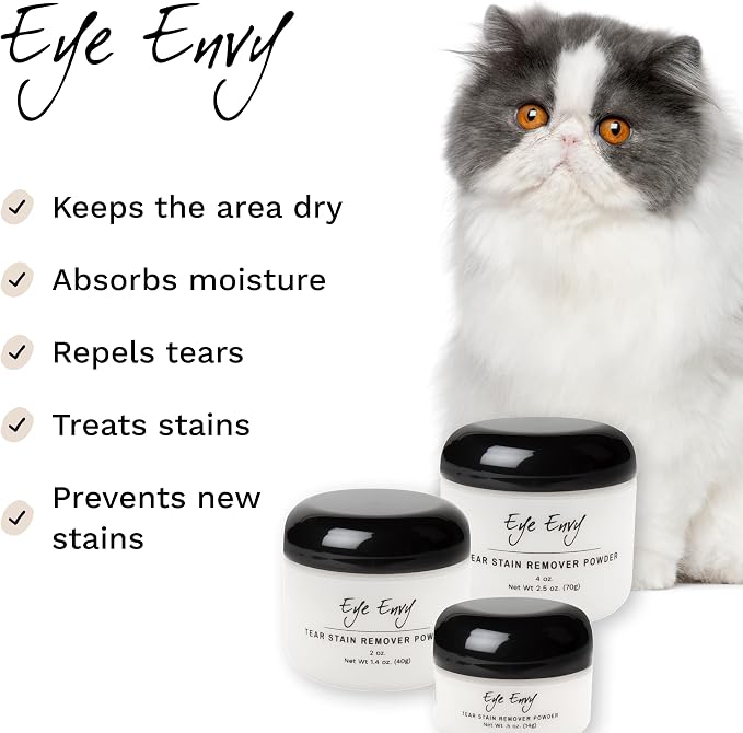 Eye Envy Tear Stain Remover Powder for Dogs and Cats. Natural, Safe Formula. Apply Around Eyes. Absorbs and Cleans Tears and Staining. Keeps Area Dry. Made in The USA. (.5 oz)