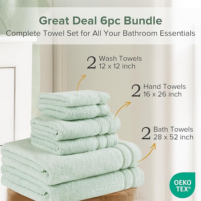 Comfort Spaces 6 Pc Towel Set, 100% Cotton Zero Twist, Seafoam Green | Zero Twist Cotton, Quick Dry Ultra Soft, 2 Bath 2 Hand 2 Washcloth, Lightweight Absorbent for Everyday Bathroom Use