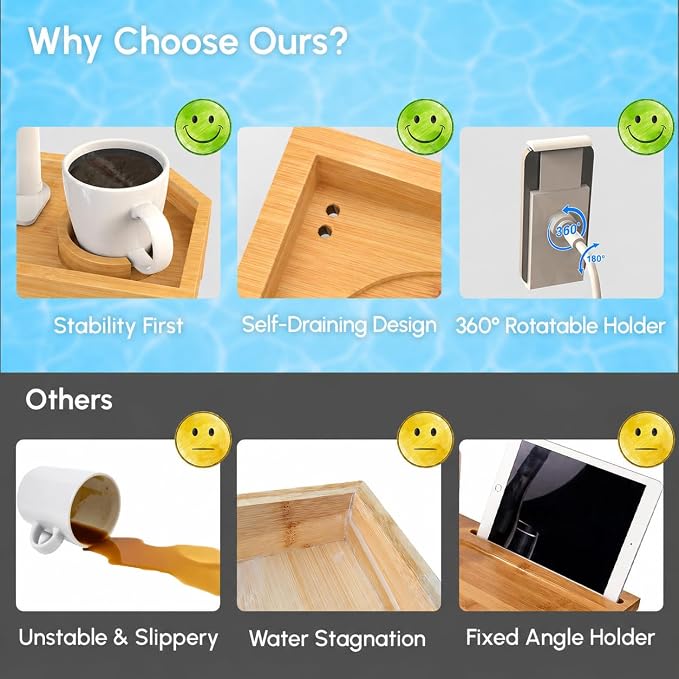 Vespara Bamboo Hot Tub Table with Adjustable Phone Holder, Non Slip Hot Tub Table Spa Gift for Women, Bathtub Canddy Tray with Wine Glass Holder for Luxury Bathtub Bathroom Accessories (Natural)