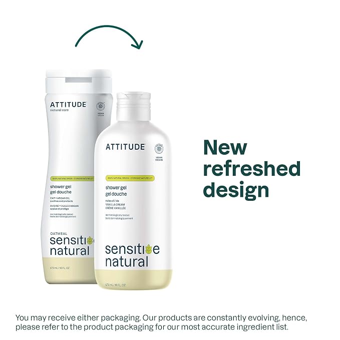 ATTITUDE Body Wash for Sensitive Skin, EWG Verified Shower Gel, Soothing Oat, Dermatologically Tested, Plant and Mineral-Based, Vegan Personal Care, Vanilla Cream Scent, 16 Fl Oz