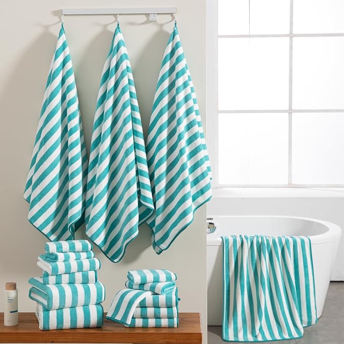 18 Pcs Turquoise Stripe Bath Towel Set with Hanging Loop-6 Bath Towels,6 Hand Towels,6 Washcloths Soft Family Towels Set Bathroom Towel Highly Absorbent Quick Dry Shower Towel for Beach Spa Gym Hotel
