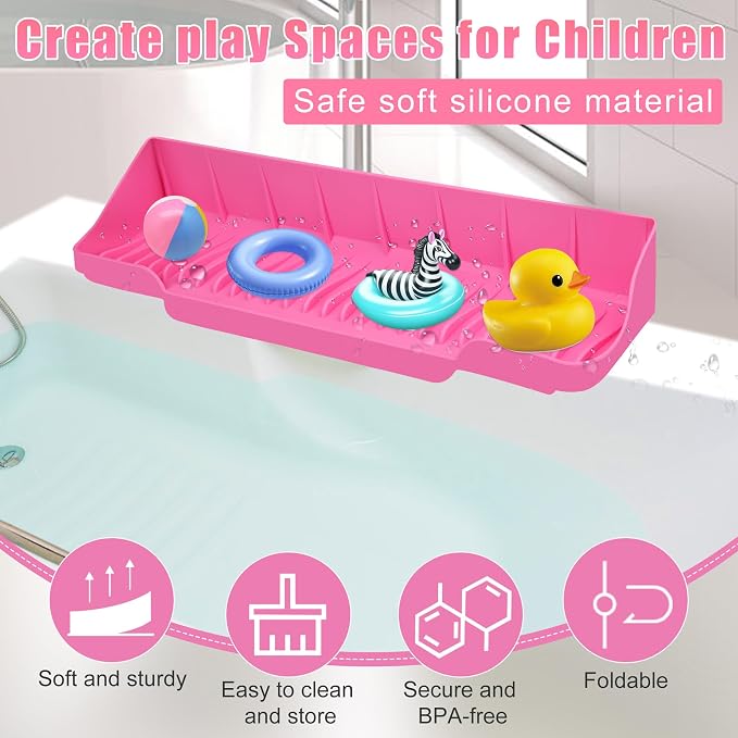 Upgrade Bathtub Splash Guard for Tub 16" x 3.5", Pletpet Silicone Splash Guard for Kids with 6 Suction Blue Cups Toy Tray Caddy Play Shelf for Kids, Bathtub Side Splash (Pink)