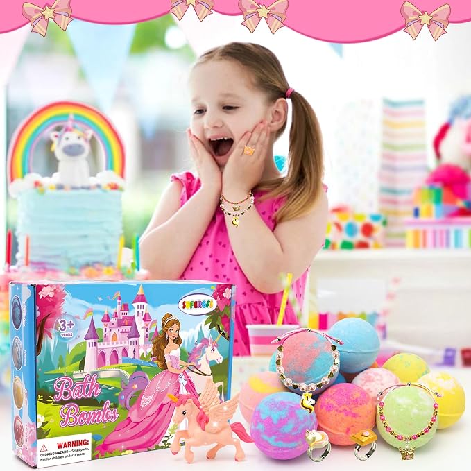 Bath Bombs for Kids with Surprise Inside Princess Toys Natural Bath Bombs Handmade Spa Organic Bubble Bath Bomb Bath Fizzy with Jewelry Set Girls Birthday Christmas Gift