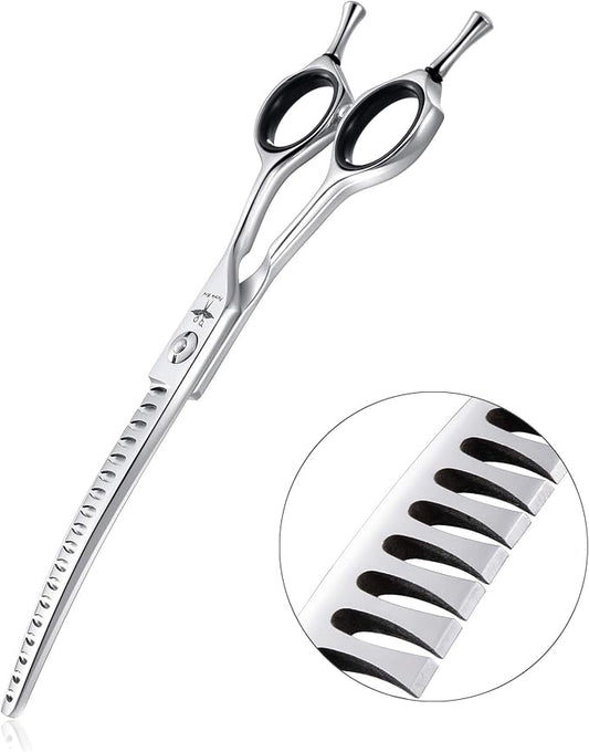 PURPLEBIRD 6.5 Inch Downward Curved Dog Grooming Scissors Pet Chunker Shears Professional Safety Blunt Tip Trimming Shearing for Dogs Cats Face Paws Limbs Japanese Stainless Steel Silver