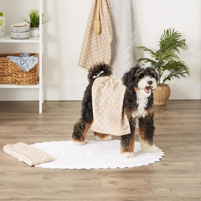 Bone Dry Pet Grooming Towel Collection Trellis Print, Microfiber Absorbent Drying Set, 15x30, Taupe, 3 Count