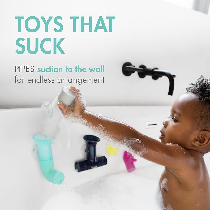 Boon Pipes Toddler Bath Toys - Bathtub Building Toys with Suction Cups - Toddler Sensory Toys and Bathtub Essentials - Multicolored - 5 Count - Kids Ages 12 Months and Up