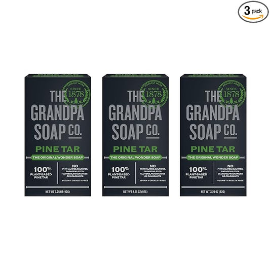 The Grandpa Soap Company Pine Tar Bar Soap for Men- Made With Pine Tar Oil, 3 in 1 Cleanser Deodorizer and Moisturizer, Dermatologist Tested, Safe for Sensitive Skin, 3.25 Oz, 3 Pack