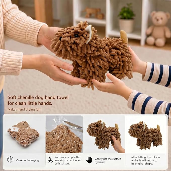 Cute Dog Chenille Hand Towel, 3D Puppy Hangable Fuzzy Ball Hand Towel Microfiber Super Soft Absorbent Bathroom & Kitchen Towels with Hanging Loop, Can Be Placed on the Sink Countertop (Dark Brown)