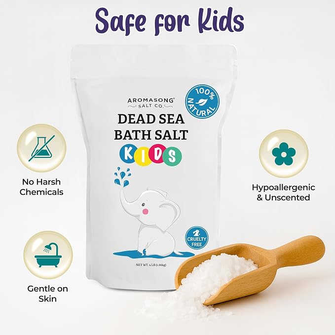 Aromasong Dead Sea Salt for Kids Bath Soak, 4 Lbs. Fine Grain Large Bulk resealable Pack, 100% Pure & Natural.