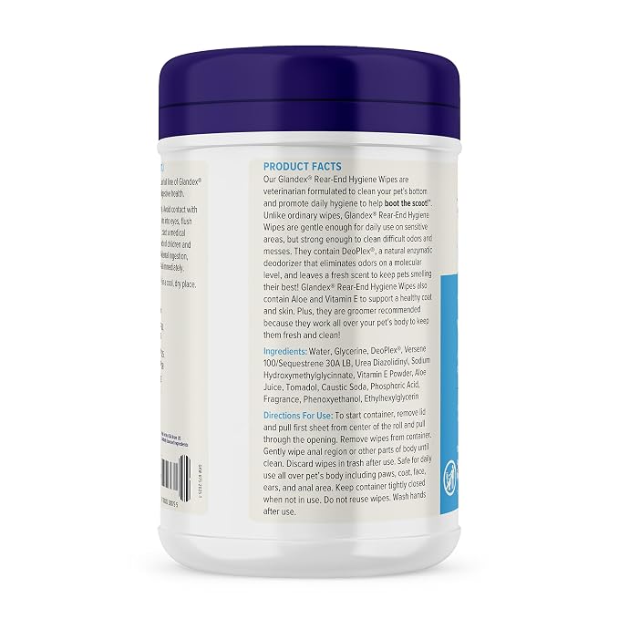 Vetnique Glandex Rear End Wipes for Dogs & Cats, Anal Gland Hygiene & Deodorizing Dog Wipes for Paws and Butt, Boot The Scoot with DeoPlex Enzyme, Aloe & Vitamin E (75ct)