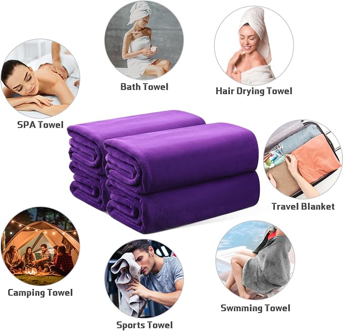 Mixweer 4 Pcs Oversized Bath Towels, 40 x 80 Inch Giant Microfiber Jumbo Bath Sheets Soft Bathroom Microfiber Quick Dry Absorbent Shower Towels for Spa Camping Beach(Dark Purple)