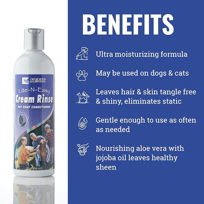 Kenic Lite-N-Easy Detangling Pet Cream Rinse – Anti-Tangle & Mats Conditioning for Dogs, Cats, Rabbits & Ferrets, Made in USA