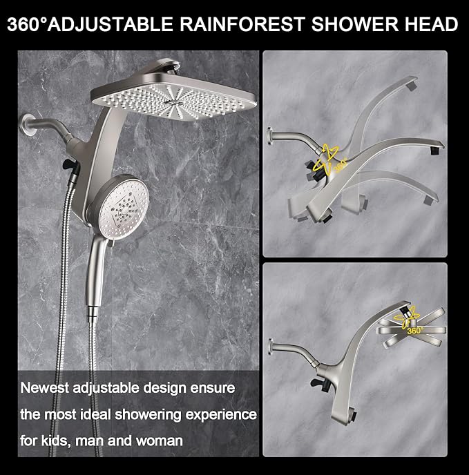 BOZYBO Rain Shower Head with Handheld: High Pressure Shower Heads with Handheld Spray Combo, 12" Rainfall Shower Head and 9 Sprays Hand Showerheads with Magnetic Docking and Power Jets, Nickel 1.8GPM
