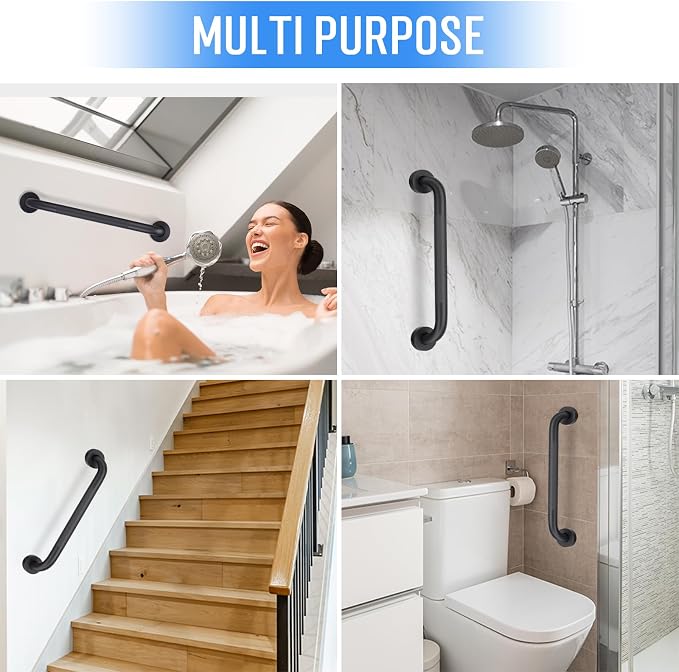 2 Pack 16 Inch Shower Grab Bars for Seniors Bathroom, Black Stainless Steel Safety Support Handles for Shower, Anti Slip Grab Bar for Bathroom, Handicap Elderly Injury Pregnant Assist Bath Handle
