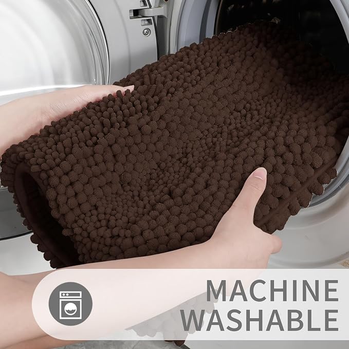 Yimobra Bathroom Rug Mat 47 x 24, Non Slip and Super Absorbent Bath Mat,Machine Washable Quick Dry,Ultra Plush Chenille Shower Rugs for Bathroom Floor Sink Tub and Shower Outside,Brown
