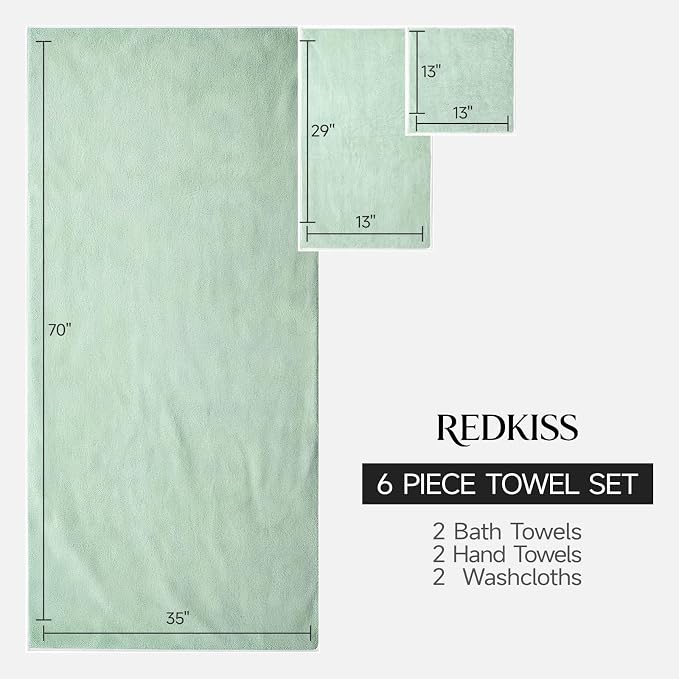 REDKISS Pack of 6 Towel Set - 2 Extra Large Bath, 2 Hand, 2 Washcloths, Ultra Soft & Highly Absorbent, Quicker to Dry, Green Towels for Bathroom, Spa, Hotel, Gym