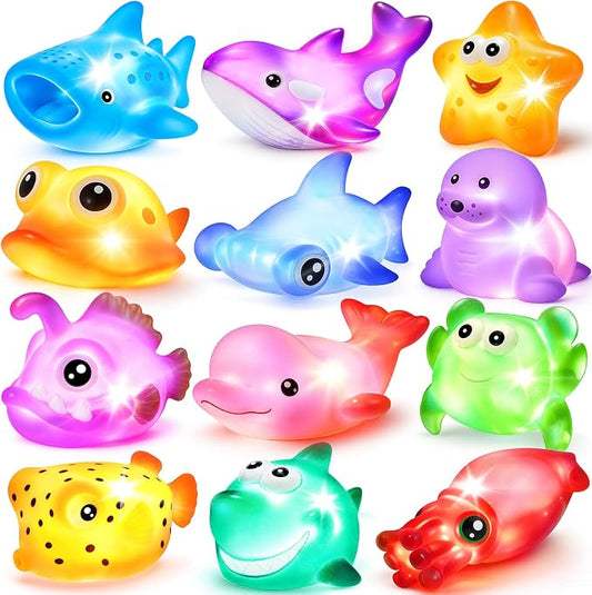 Bath Toys, 12 Pcs Light Up Ocean Sea Animal Set, Flashing Colorful LED Light Floating Bathtub Toys for Baby Infant Kid Toddler Preschool, Great Gift for Bathroom Water Tub Games Swimming Pool Party