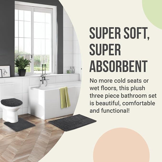 ITSOFT Standard 3pc Non-Slip Shaggy Chenille Bathroom Mat Set, Includes 24"x21" U-Shaped Contour Toilet Rug, 34"x21" Bathmat and 1 Toilet Lid Cover, Chocolate Brown