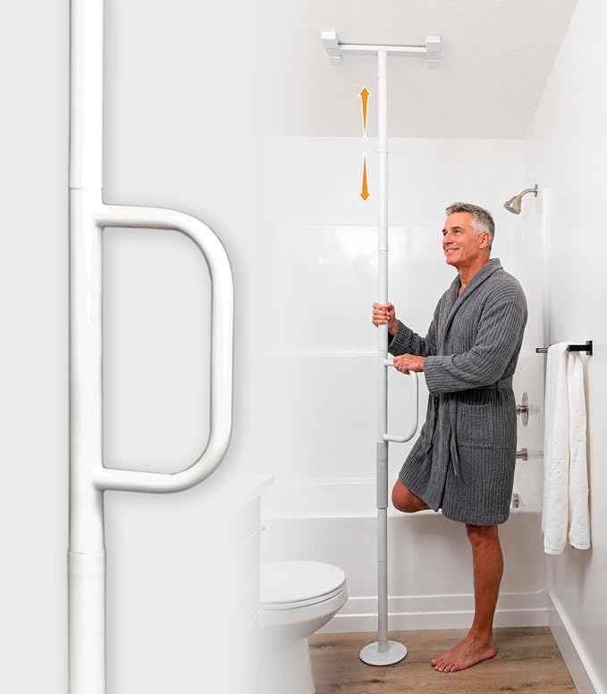Stander Single Handle Non-Rotating Floor to Ceiling Grab Bar, No-Drill Tension Mounted Transfer Pole for Seniors, Bath Safety & Bedside Assist Rail for Home Standing Support & Fall Prevention, White