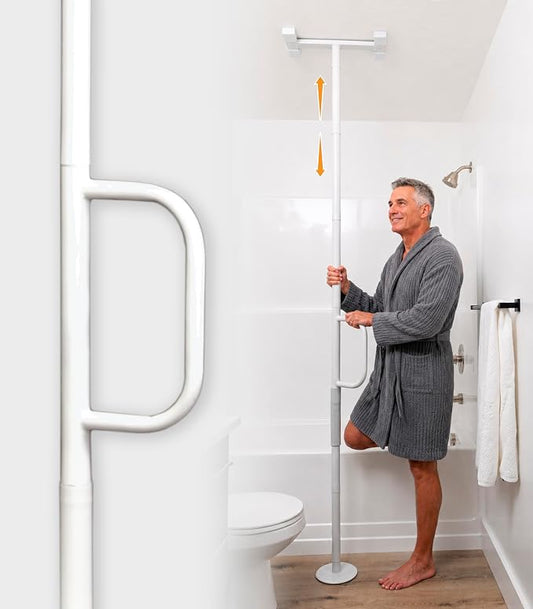 Stander Single Handle Non-Rotating Floor to Ceiling Grab Bar, No-Drill Tension Mounted Transfer Pole for Seniors, Bath Safety & Bedside Assist Rail for Home Standing Support & Fall Prevention, White