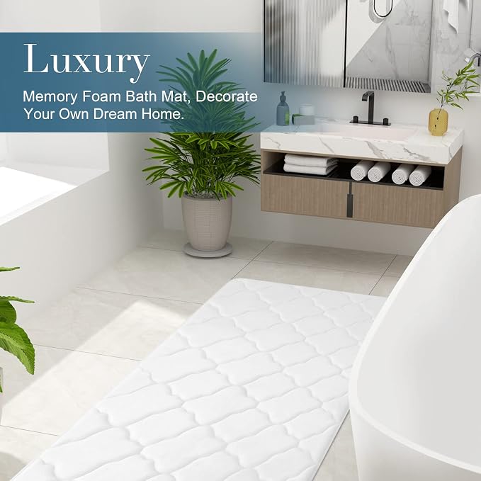 OLANLY Memory Foam Bath Mat Rug 47x17, Ultra Soft and Absorbent Bathroom Rugs, Non-Slip, Comfortable, Machine Washable Bath Carpet for Bathroom Floor, Tub, Shower and Home Decor Accessories, White