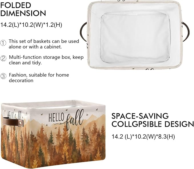 Wamika Hello Fall Forest Storage Basket with Waterproof Liner and PU Handles Maple Leaves Pine Tree Storage Bins Boxes 14.2" Collapsible Decorative Organizer Baskets for Bedroom Closet Office 2 Pack