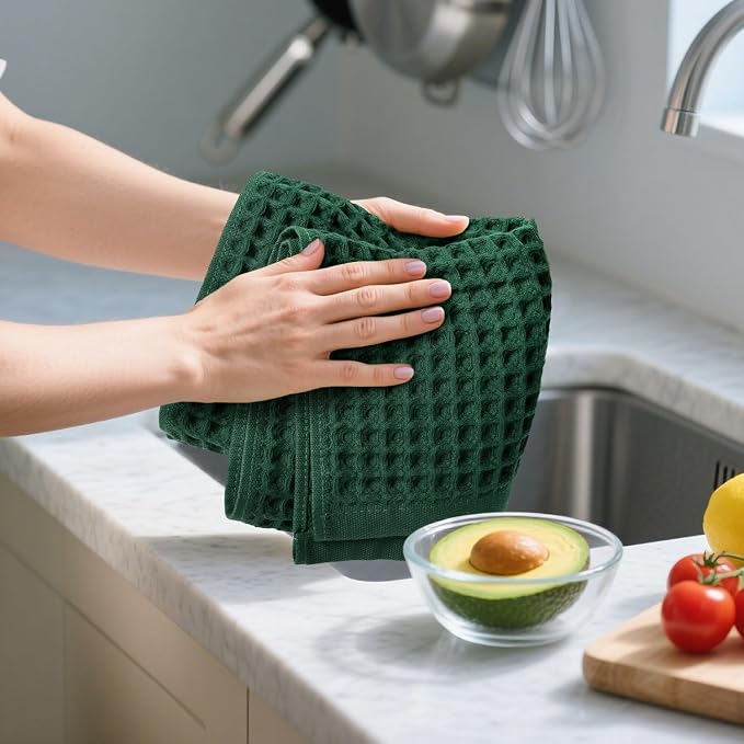 Jacquotha Waffle Hand Towels Set of 5 (Hunter-Green) – Cotton, Quick Dry, Lint Free, 13” x 29”, Bathroom Decor & Kitchen Towels