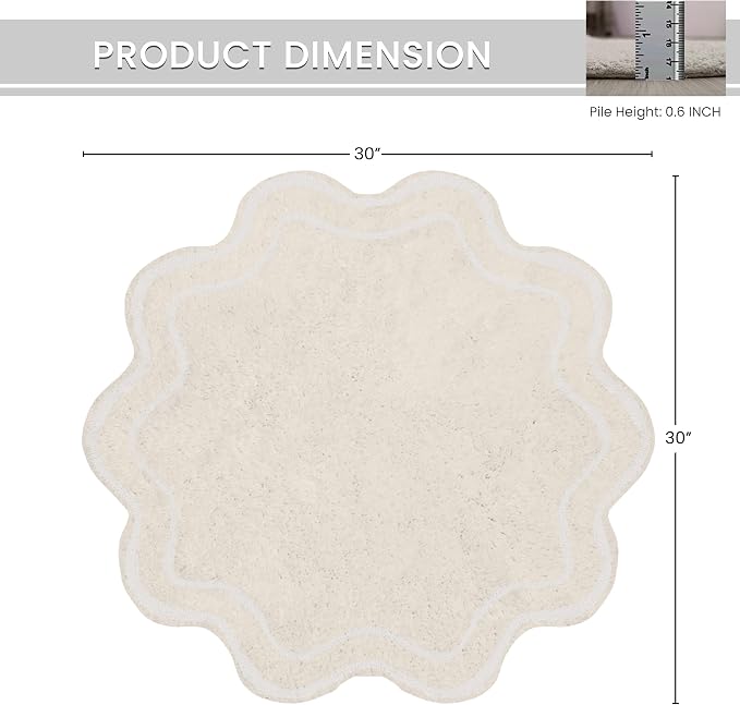 Home Weavers Allure Collection 100% Cotton Round Bath Rug, Soft & Absorbent Circular Bathroom Mat, Spray Latex Backing, Quick Dry, Machine Washable Bath Rug for Floor, Tub & Shower, 30" Round, Ivory