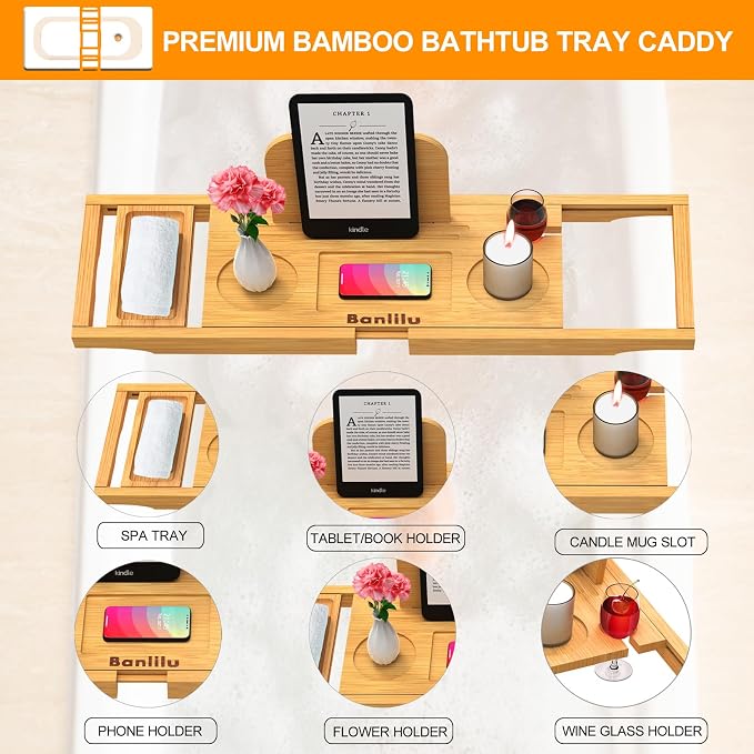 Banlilu Bathtub Tray - Bath Tray Expandable - Bath Tub Tray Table for Bathtub, Ajustable Size, Fits Most Tubs
