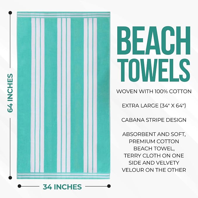 Superior Oversized Cotton Beach Towel Set of 2, Absorbent Towels for Bathroom, Pool, Swim, Adults, Kids, Vacation, Travel, Bath Sheet, Quick Dry Basics, Trip Essentials, Striped Decor, Mint