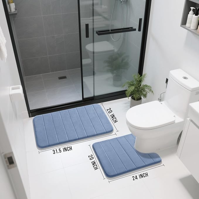 Yimobra Memory Foam Bath Mat Set 2 Piece - Super Soft Absorbent Quick Dry Bathroom Toilet Rugs, Machine Washable Non Slip Floor Carpet for Tub Shower & Single Sink (31.5x20 & 24x20, Denim Blue)