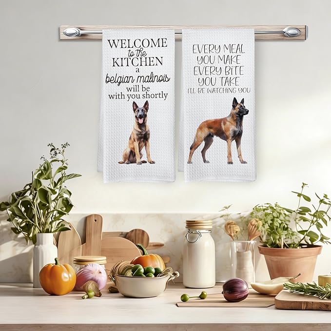 Funny Belgian Malinois Dog Kitchen Towels, Belgian Malinois Gifts Hand Towels, Dog Lovers Mom Dad Owner Gifts for Women Men Dishcloths Dish Towel for Kitchen 16x24 Inches Set of 2