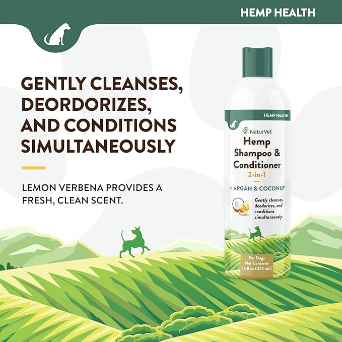 NaturVet Hemp Shampoo & Conditioner 2-in-1 with Argan and Coconut for Dogs, 16oz Liquid, Made in The USA