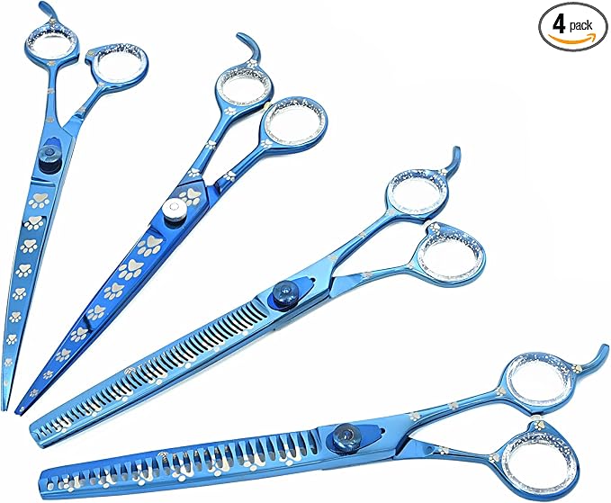 Professional Dog Grooming Scissors Set of Straight, Curved, Thinner/Blender and Chunker Shears with Paw Prints for Dogs, Cats & Pets (Right Handed, Blue, Stainless Steel 8 Inch)