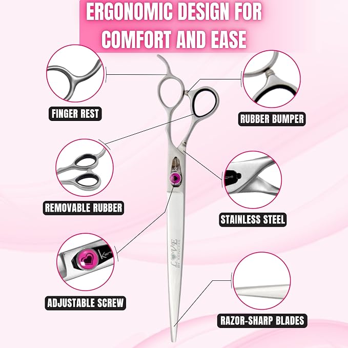 Kenchii Love Dog Grooming Scissors, 9 Inch Straight Shears, Dog Scissors for Grooming, Professional Pet Grooming Scissors, Heavy Duty, Durable and Sharp