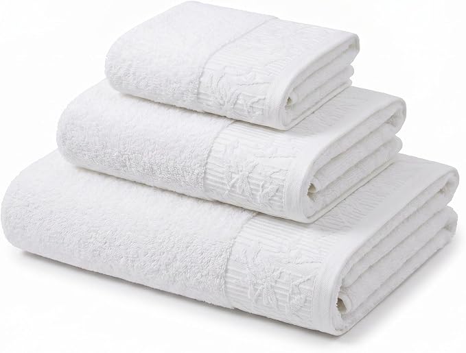Superior Floral Jaquard Cotton Bathroom Towels, 3pc Towel Set, White-White | Soft Absorbent Quick Dry Terry Weave, Hotel Quality, Wisteria Towels Includes 1 Bath Towel, 1 Hand Towel, 1 Face Washcloth